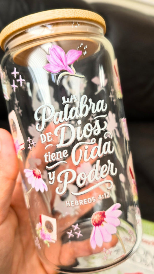 La Palabra de Dios tiene Poder-- Glass Tumbler with Inspirational Bible Verse | Clear Reusable Cup with Lid & Straw